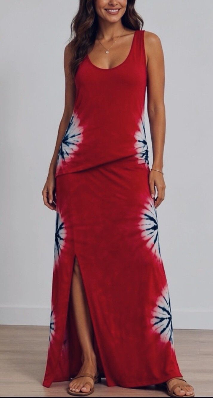 Women's Red Tie Dye Maxi Dress S Slit Summer Boho Beach Hippie Festival Casual